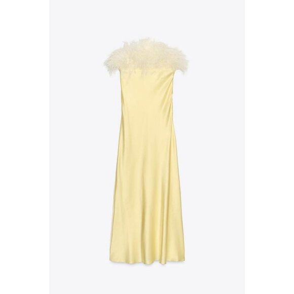 ZARA FEATHERED SATIN MIDI DRESS - Picture 3 of 5